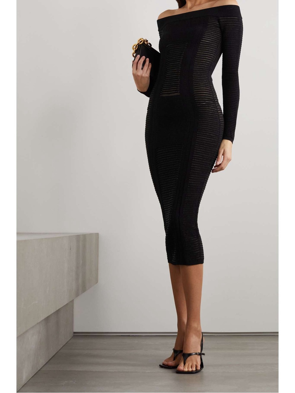 Balmain Off-the-shoulder ribbed-knit midi dress